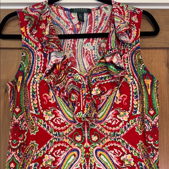 Lauren Ralph Lauren Red Paisley Ruffle Front Dress Womens M Cotton Preppy party - Picture 3 of 7
